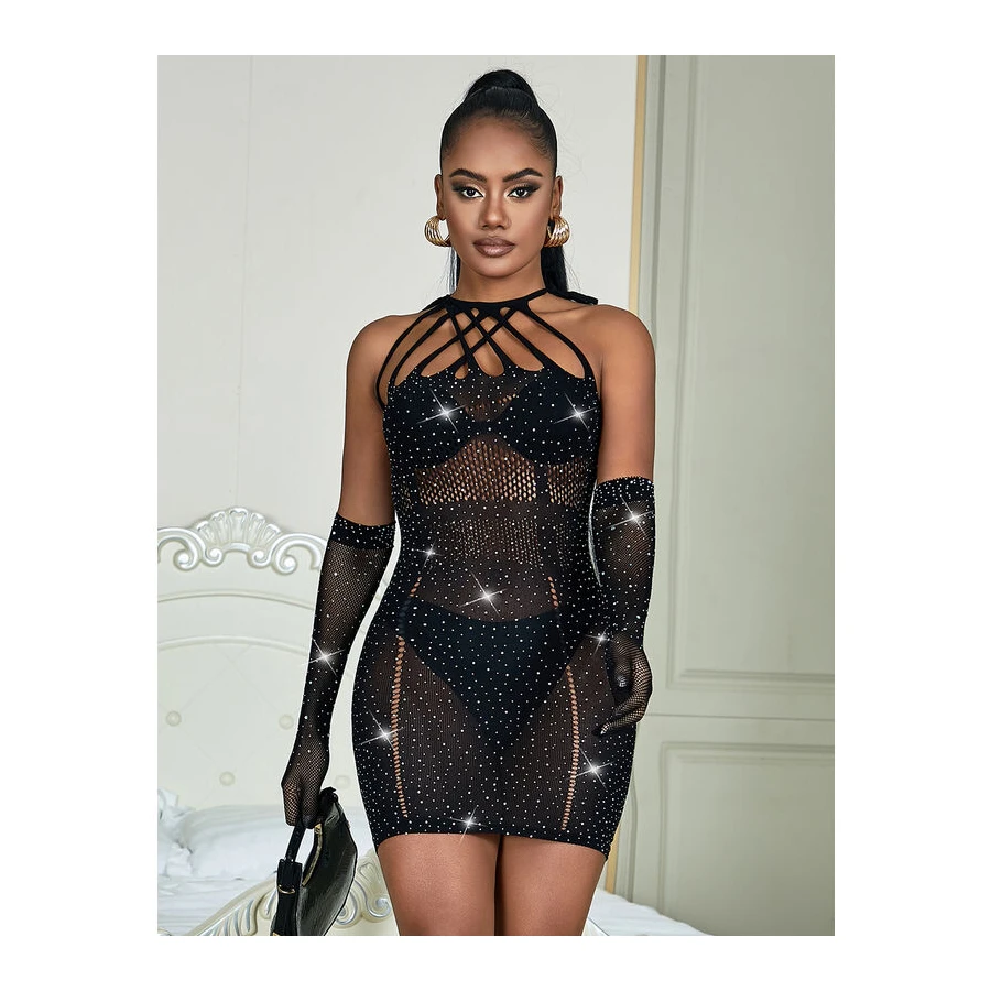 SUBBLIME - 952235 BODYSTOCKING A RETE CON STRASS E GUANTI NERI TAGLIA UNICA